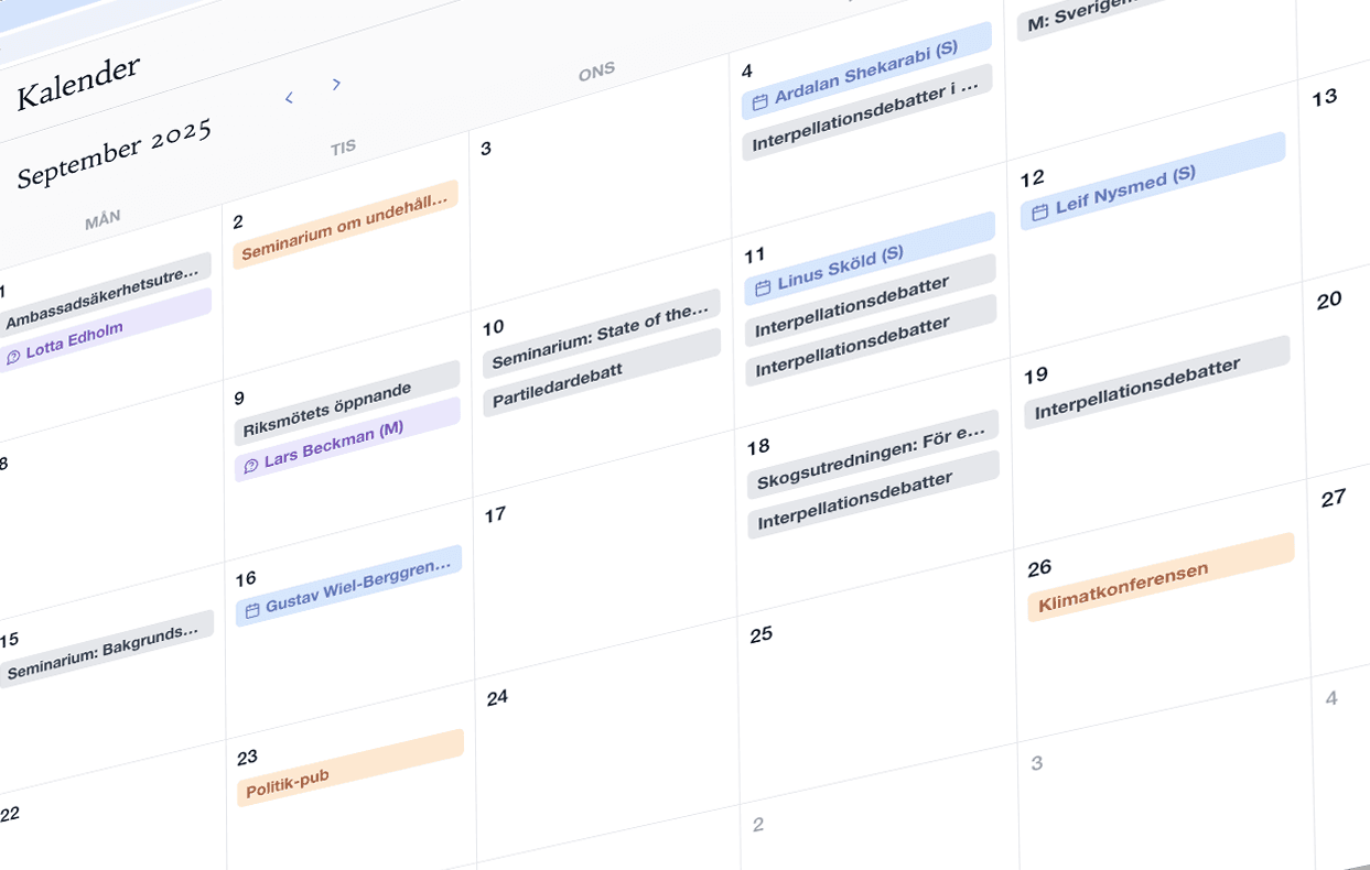 Skärmdump av Lobbas politiska kalender som kombinerar händelser från riksdagen, regeringen och egna möten i en gemensam vy.