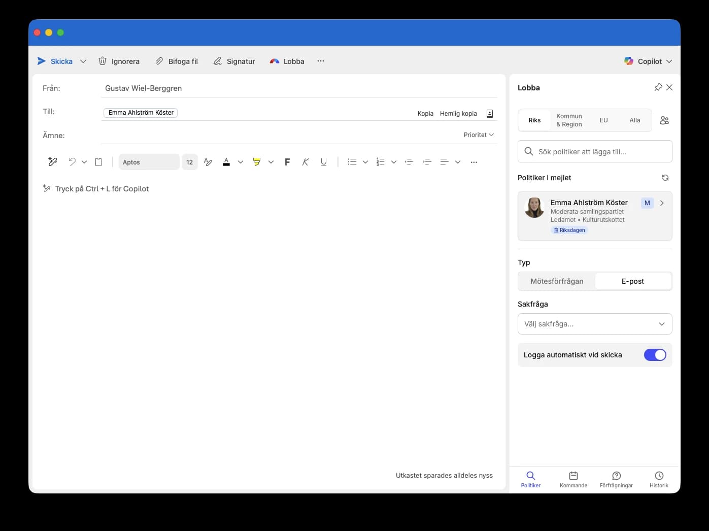 Lobbas Outlook-integration för att logga politiska kontakter