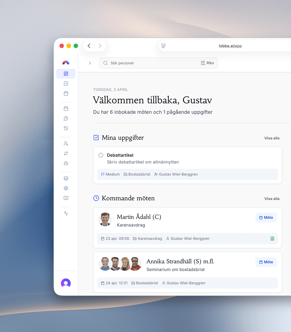 Lobba instrumentpanel med uppgifter och kommande möten