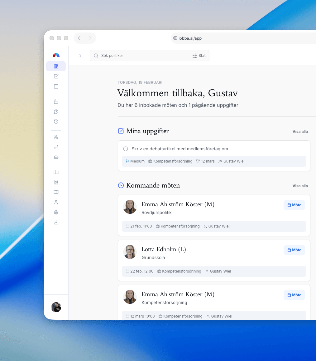 Lobba instrumentpanel med uppgifter och kommande möten